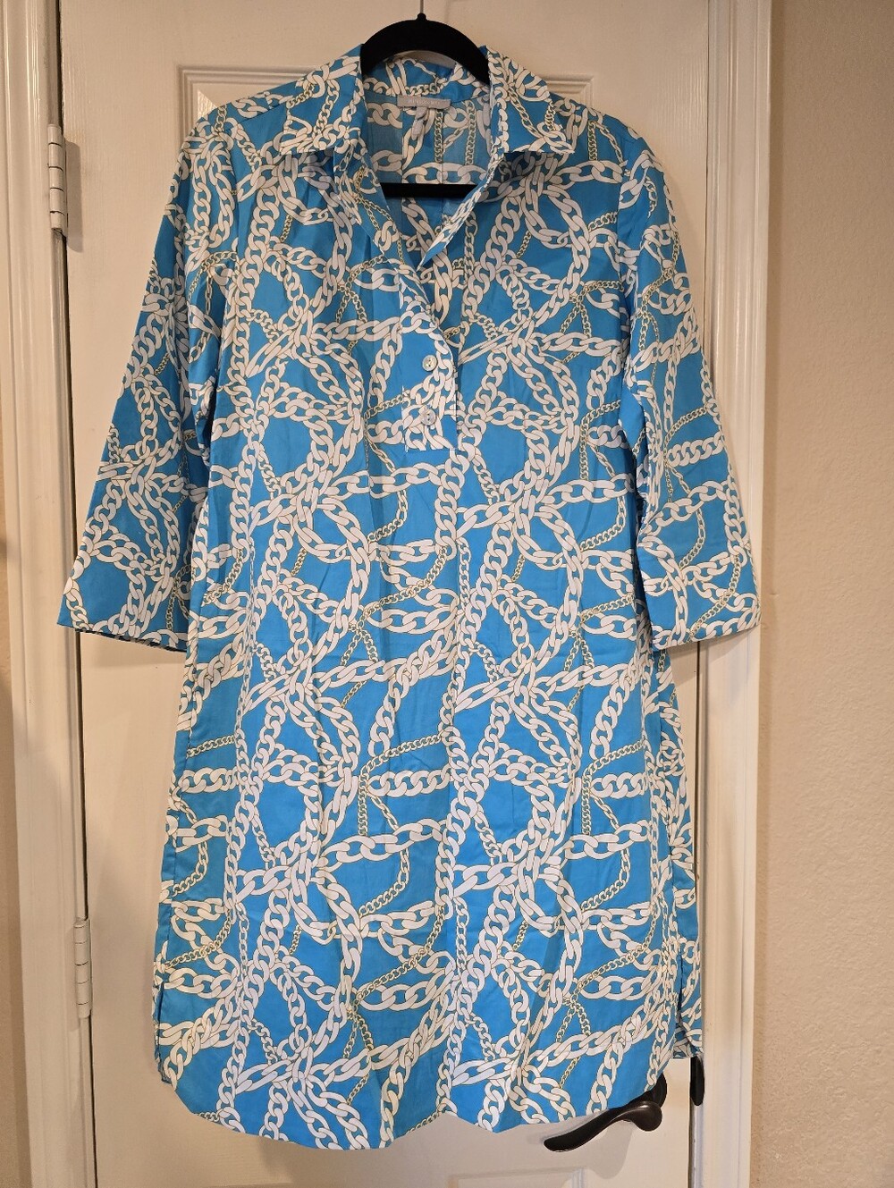 $370 Hinson Wu Aileen Blue Equestrian Print 3/4 Dress Small